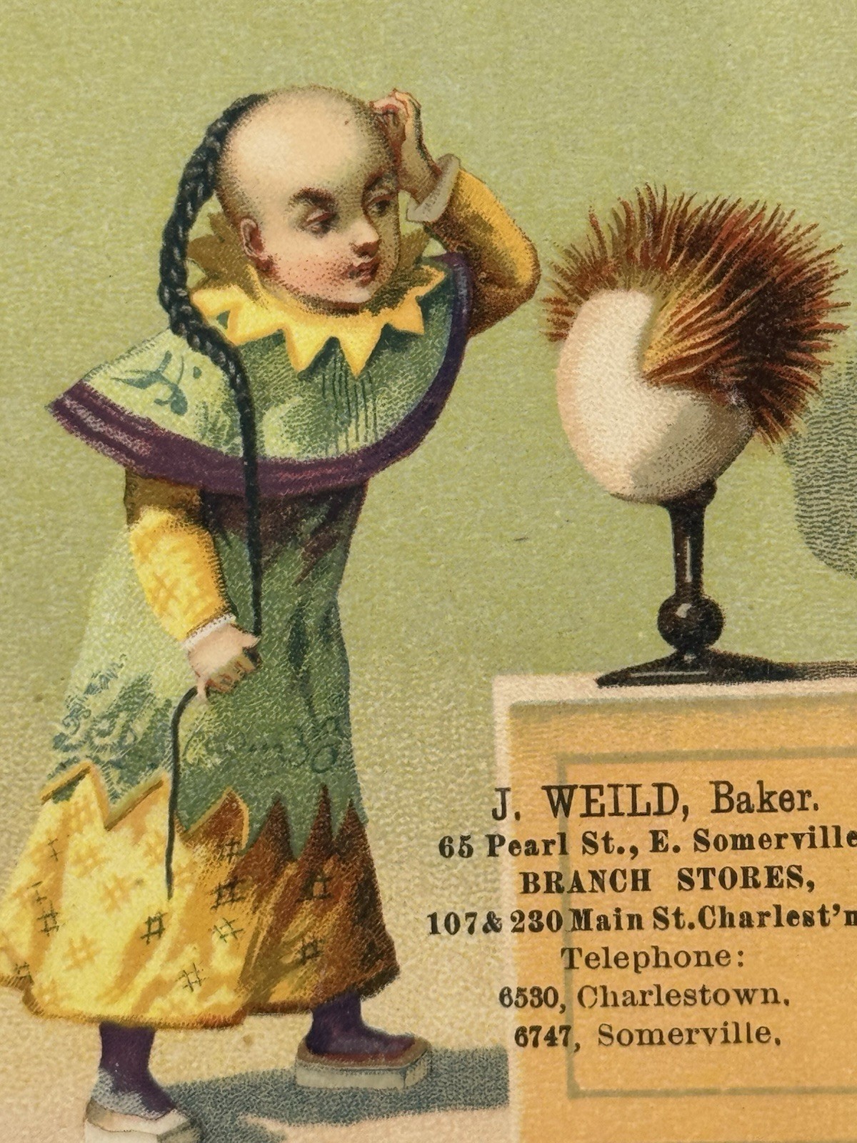 1800s J. Weld Baker Victorian Trade Card 4 1/2 X 3 1/2 Bald Head Long Braid