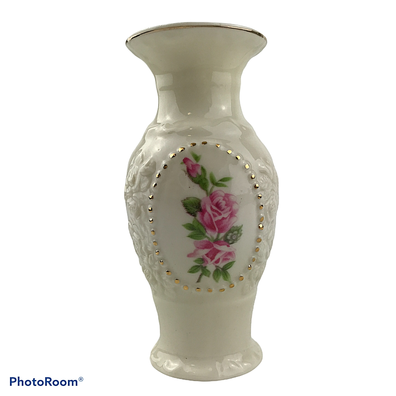 Vintage Unbranded Ceramic Vase Rose Pattern w/Gold Trim Vintage Unbranded Ceramic Vase Rose Pattern w/Gold Trim