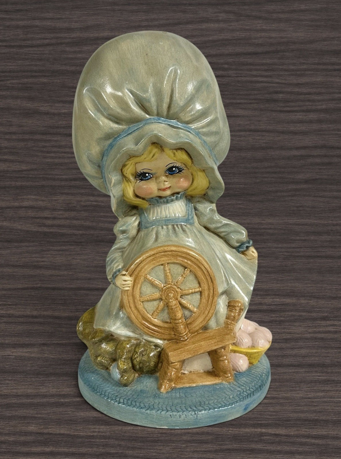 Vintage  Hand Painted Ceramic Girl Figurine Spinning Wheel Large Bonnet Decor
