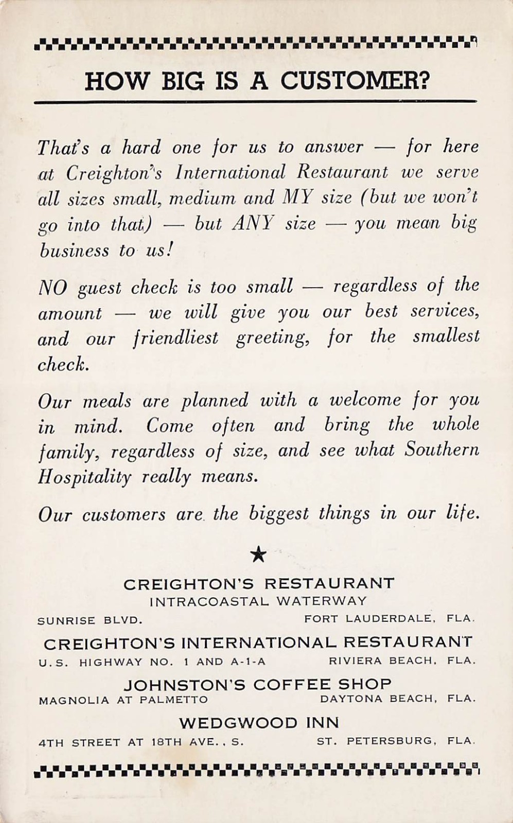 Creighton\'s Int Restaurant Riviera Beach FL Florida Advertising Vtg Postcard I6