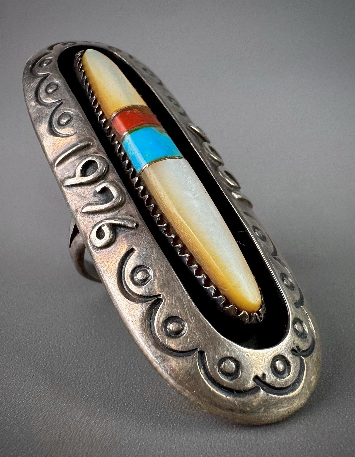 RARE HUGE Vintage Navajo Sterling Silver Bicentennial Ring ~ Over 2” Long ~ 🤩