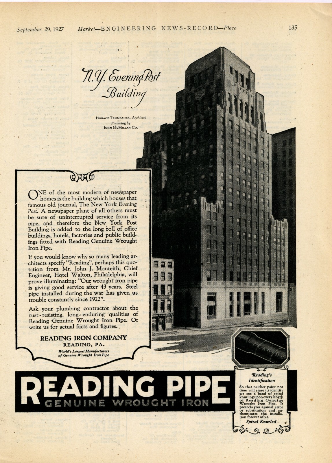 1927 Reading Pipe Ad: New York Evening Post Newspaper Building Picture 1927 Reading Pipe Ad: New York Evening Post Newspaper Building Picture