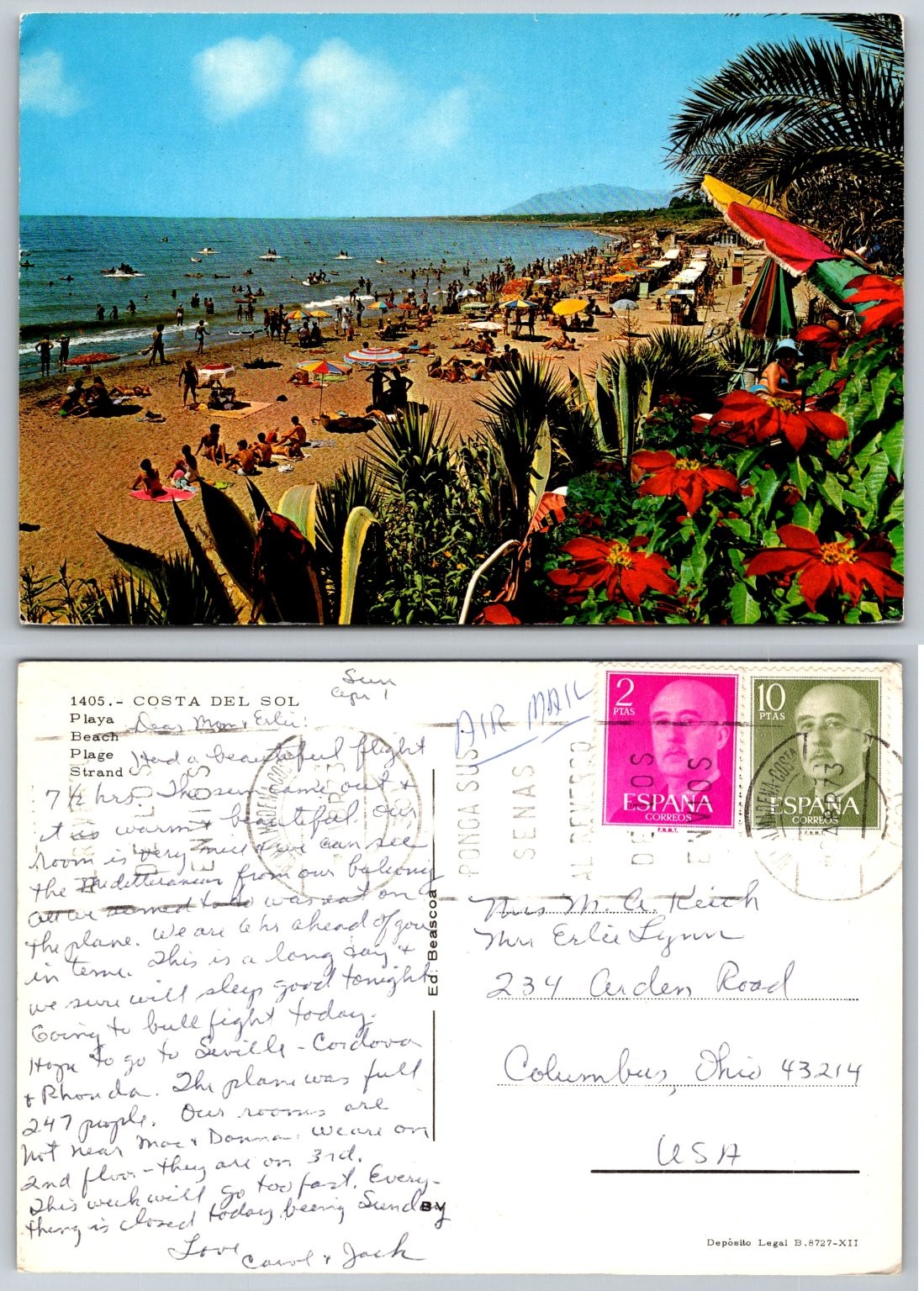 Vintage 1968 COSTA DEL SOL Beach Spain Postcard Franco Stamps Posted Vintage 1968 COSTA DEL SOL Beach Spain Postcard Franco Stamps Posted