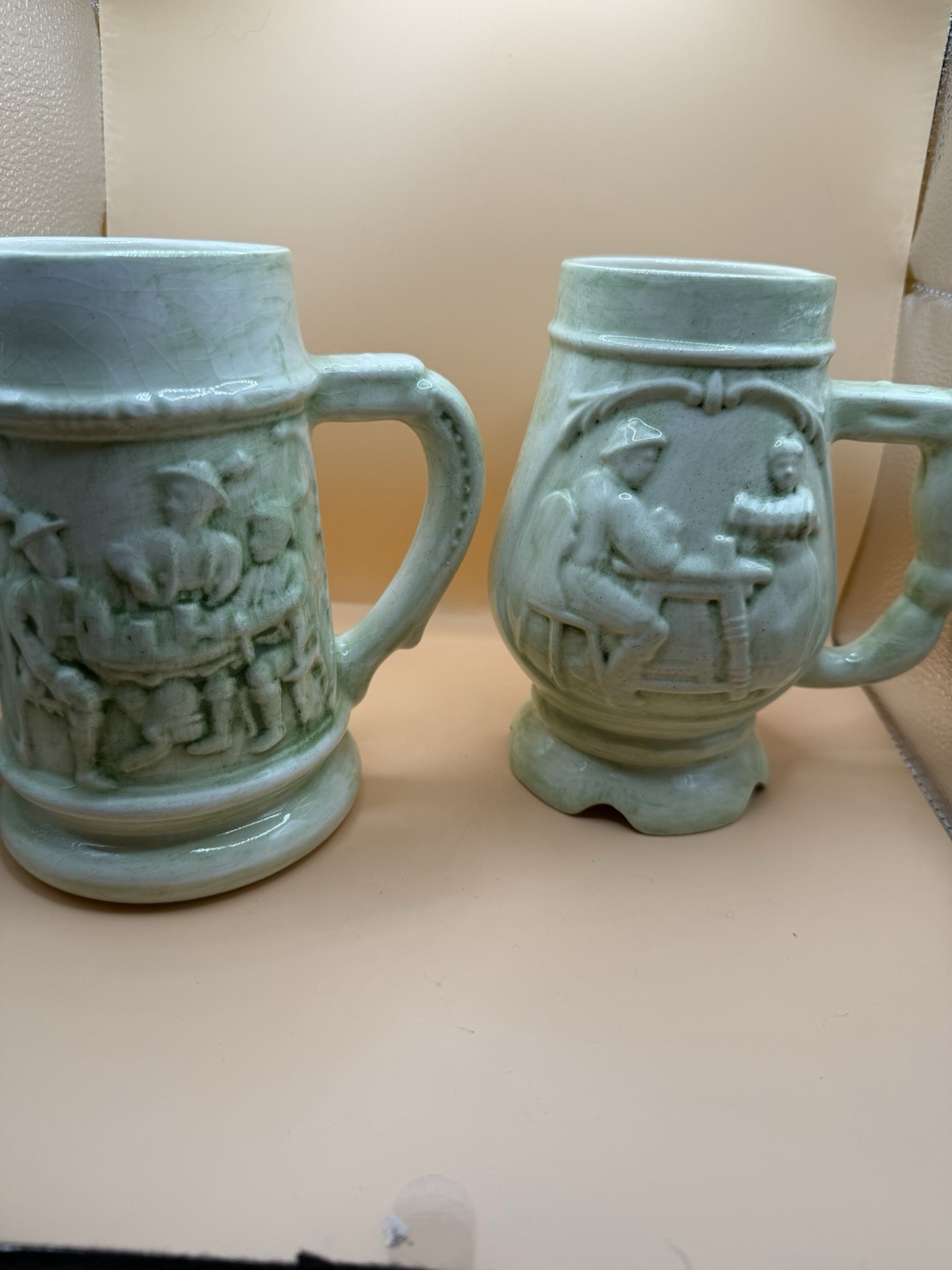 Vintage 1972 Green Glazed Pottery Beer Stein Mugs Relief Tavern Figures Lot 2