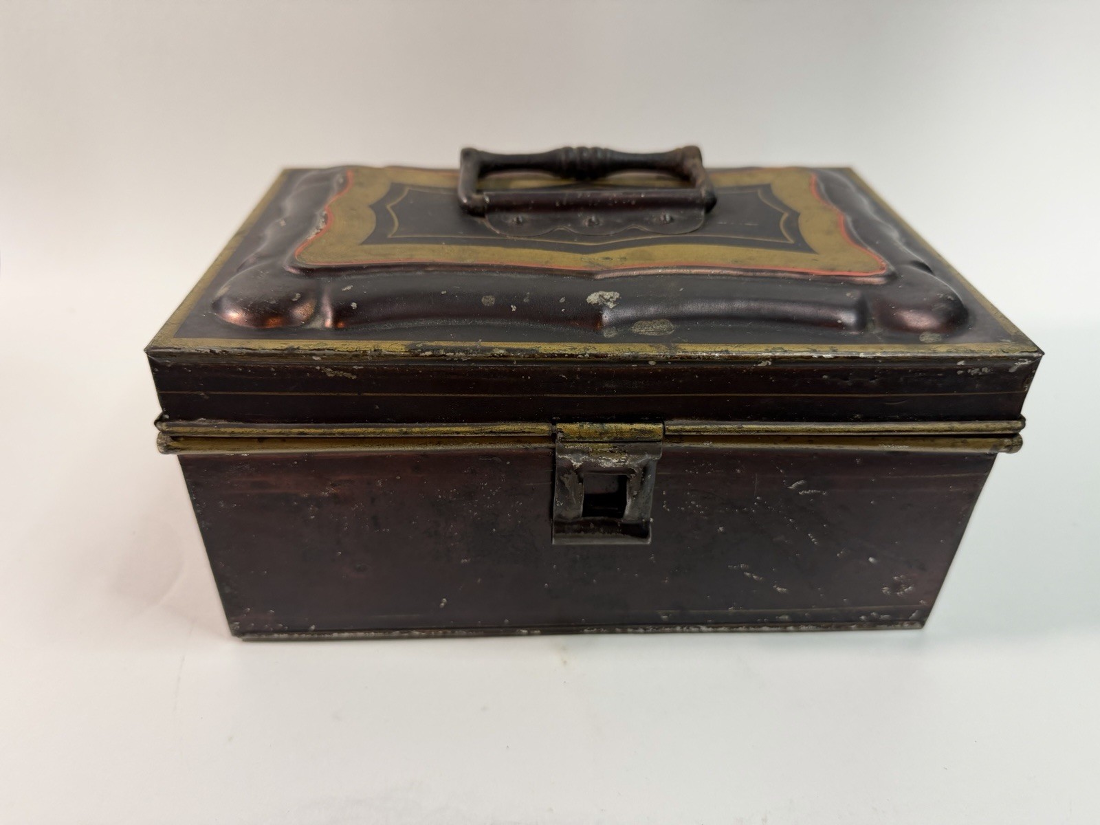Antique Embossed Tin Cash Box With Handle 8” Primitive