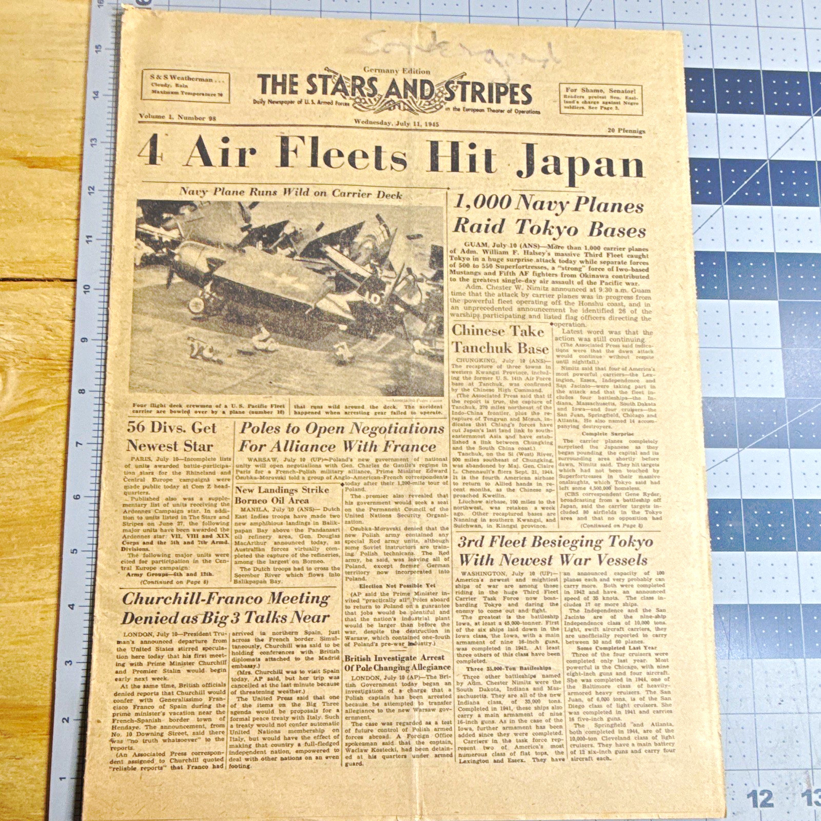 WWII Stars and Stripes Newspaper July 11 1945 4 AIR FLEETS HIT JAPAN Tokyo Raid