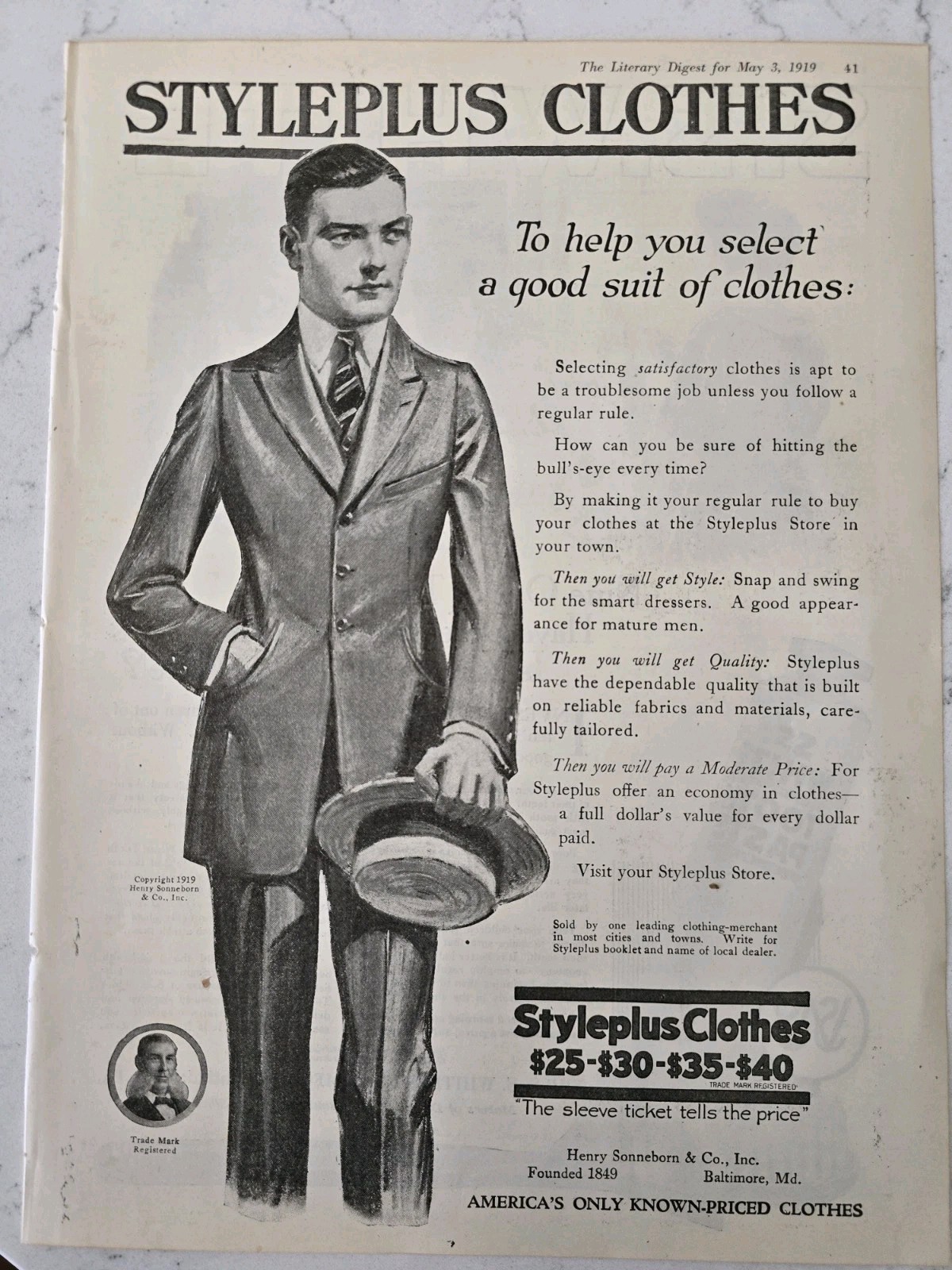 1919 Men\'s Styleplus Clothes Suit Vintage Fashion Art ad