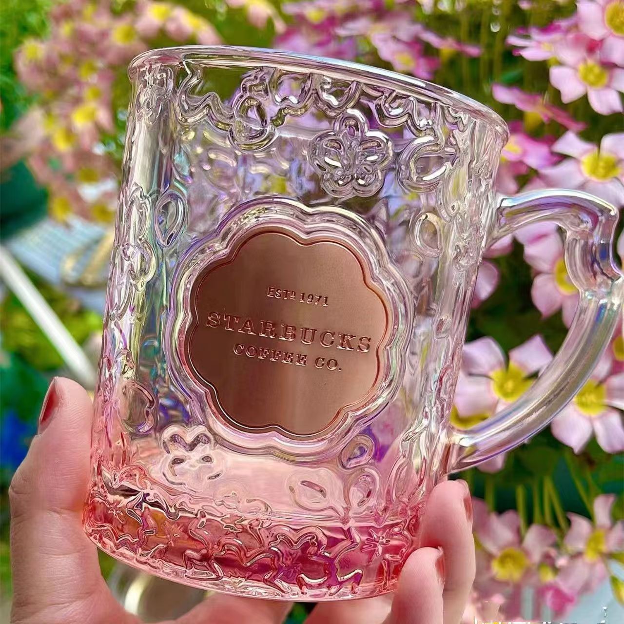 Starbucks 12oz New Sakura Pink Gradient Glass Coffee Mug With Copper Medallion