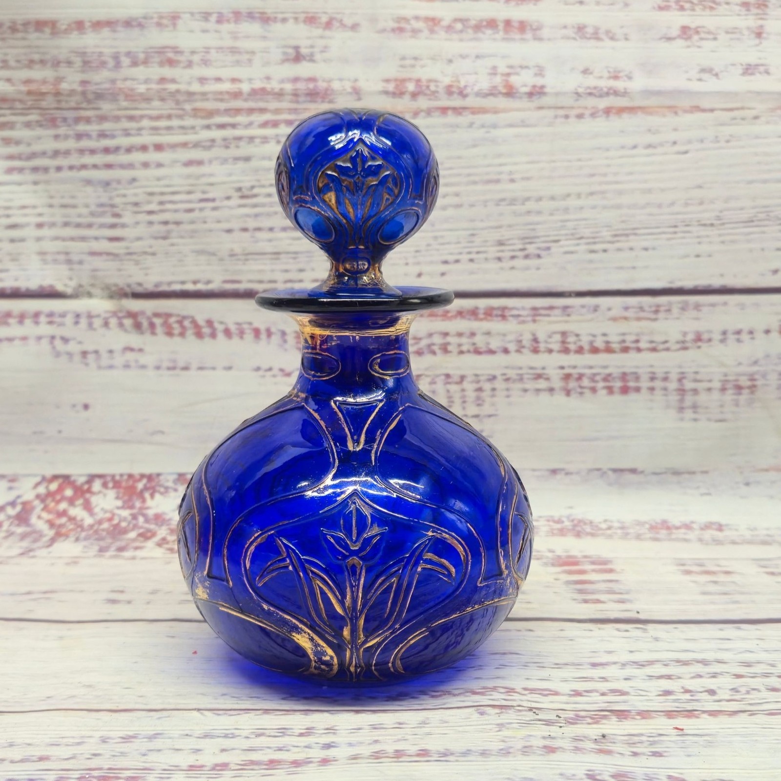 Vintage Cobalt Blue bohemian glass perfume bottle Hand-Painted Gold Floral