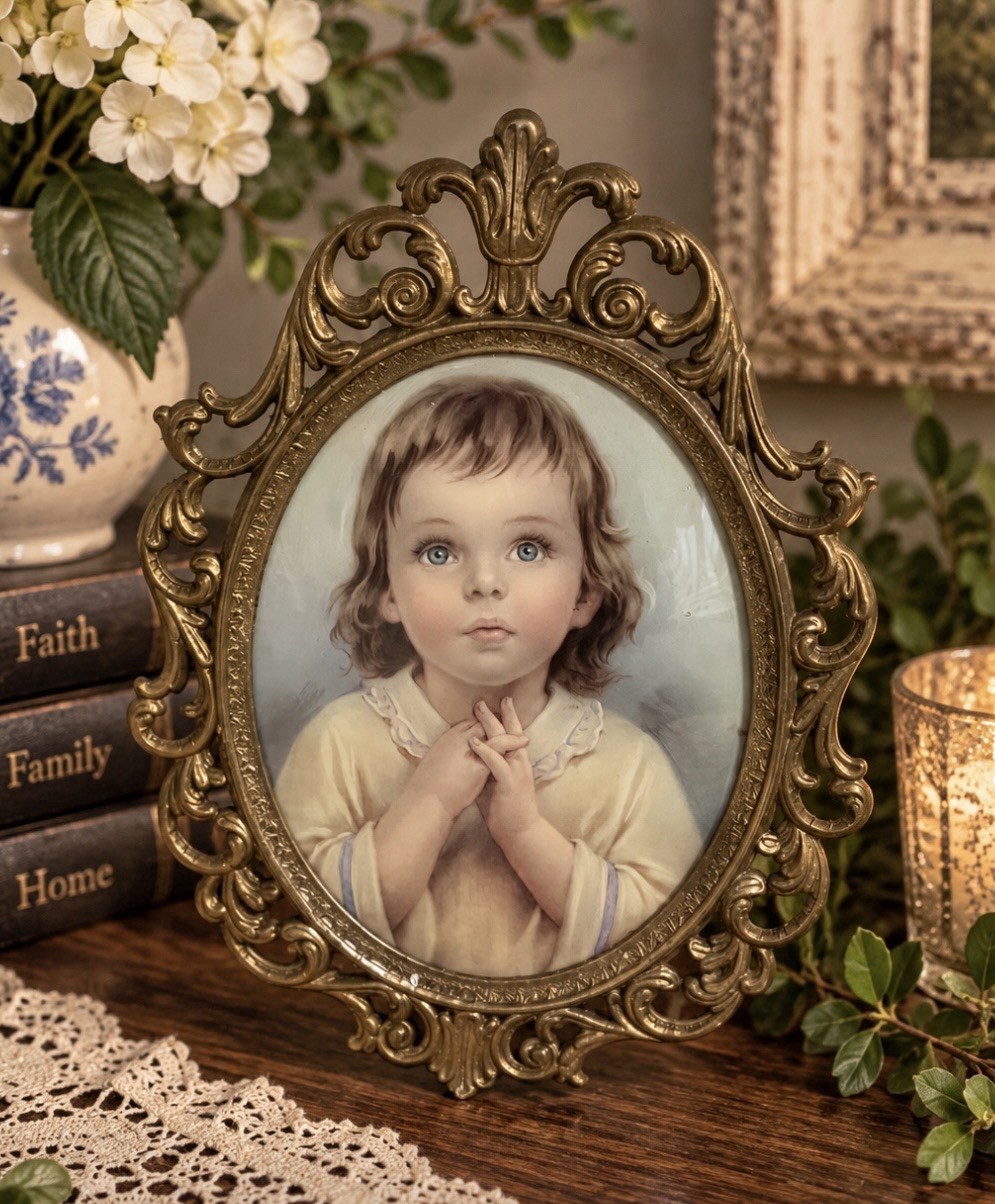 Vintage Praying Child Print Ornate Oval Bubble Glass Gold Metal Frame 10 Vintage Praying Child Print Ornate Oval Bubble Glass Gold Metal Frame 10