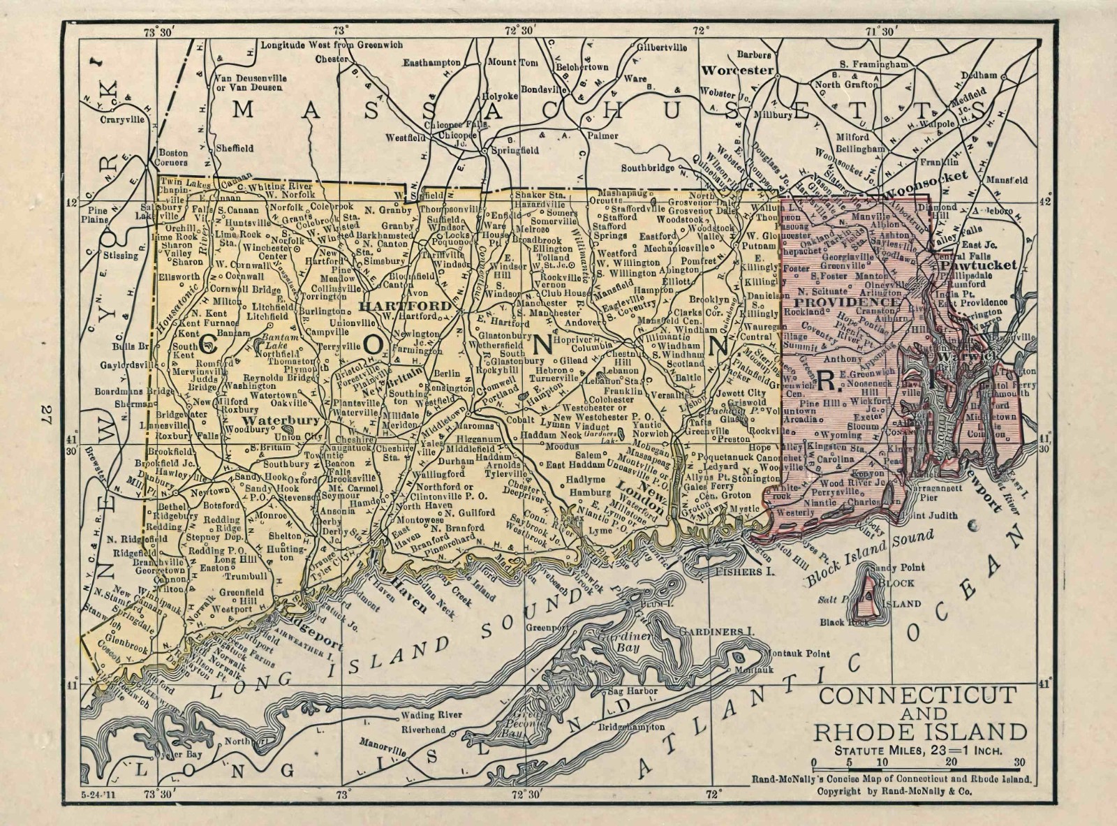 Map of CONNECTICUT & RHODE ISLAND from 1912 - 8.5 x 11 Inch Photo Reprint Map of CONNECTICUT & RHODE ISLAND from 1912 - 8.5 x 11 Inch Photo Reprint
