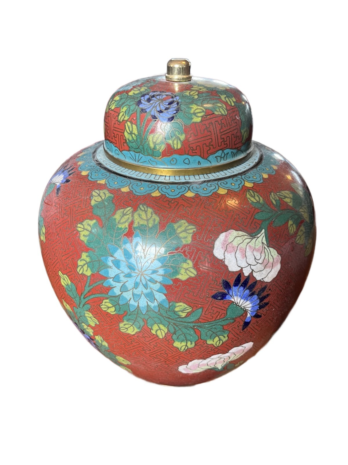 Vintage Chinese Cloisonné Ginger Jar with Lid, Red Enamel Floral Brass Accents