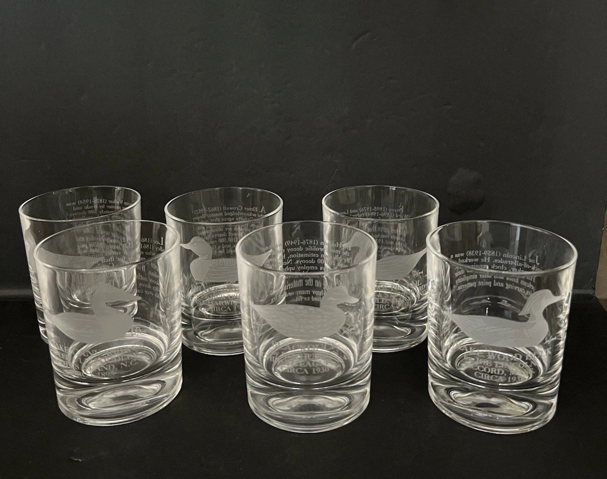 Set of 6 RARE Abercrombie And Fitch Rocks Glasses Etched Duck Decoys Joe Seme