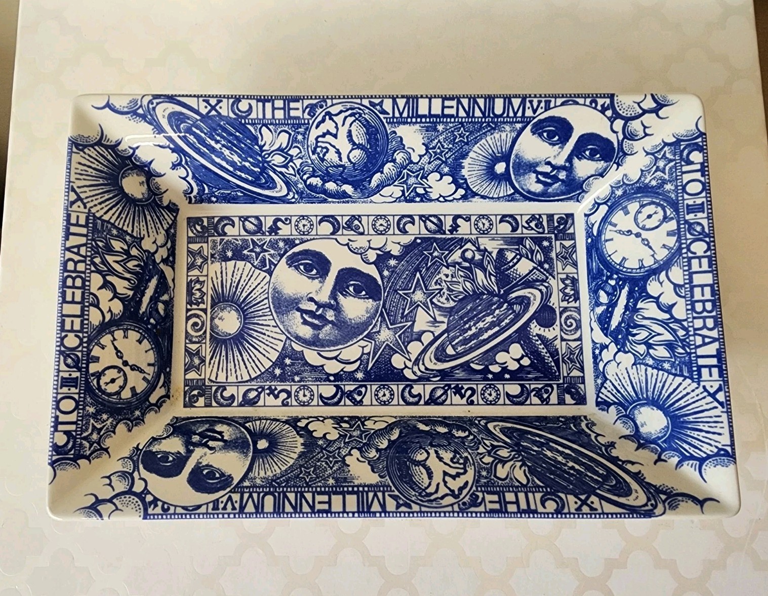 Vtg SPODE Blue & White Millennium Celebration Dish Astro Celestial Sun Moon Deco