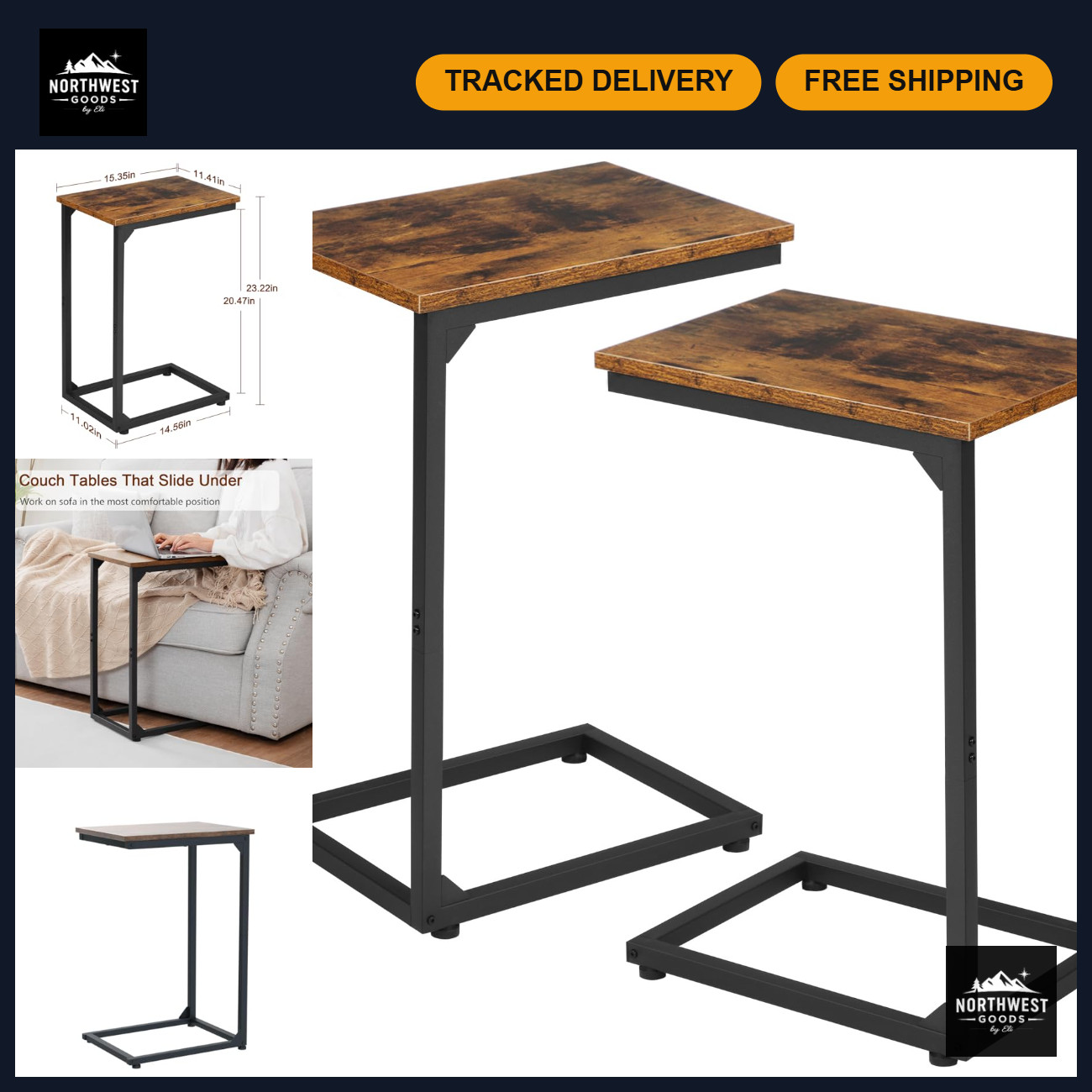 AMHANCIBLE C Shaped End Table Set of 2, Couch Side Table that Slide Under