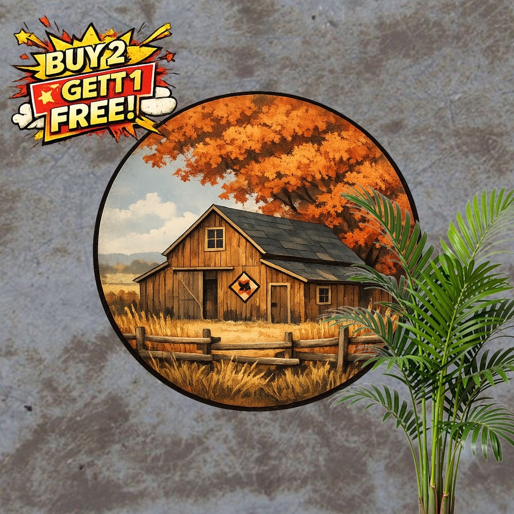 Rustic Country Barn Round Metal Sign Vintage Farmhouse Wall Decor Plaque 8x8