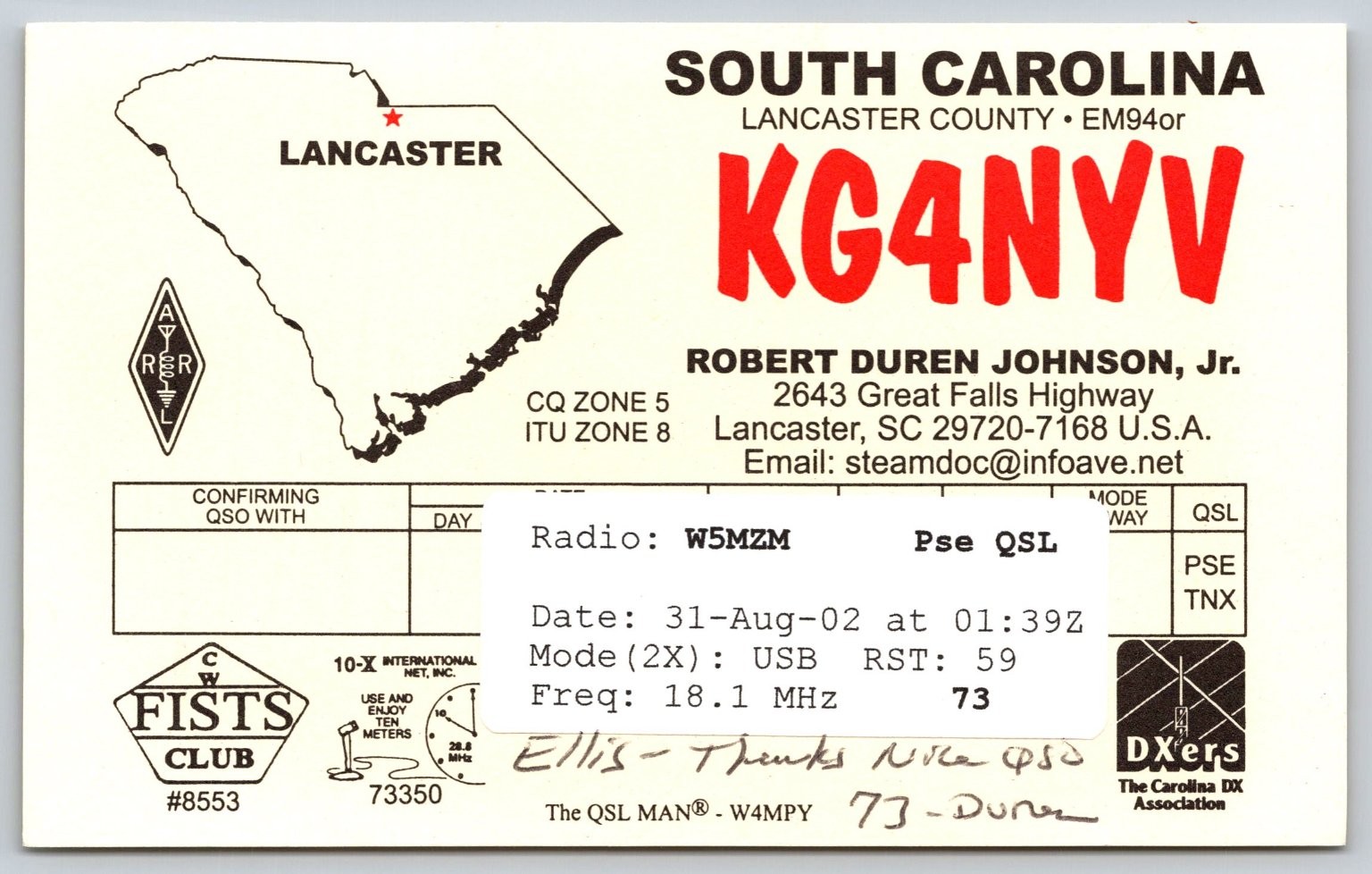 2002 QSL Card KG4NYV Lancaster SC Amateur Ham Radio W5MZM FISTS ARRL DXers A397