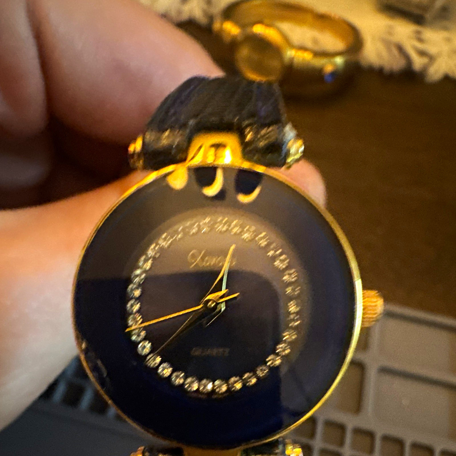 Vintage Xanadu Women's Watch Gold Tone Case Rhinestone Circle Dial Black Band Vintage Xanadu Women's Watch Gold Tone Case Rhinestone Circle Dial Black Band