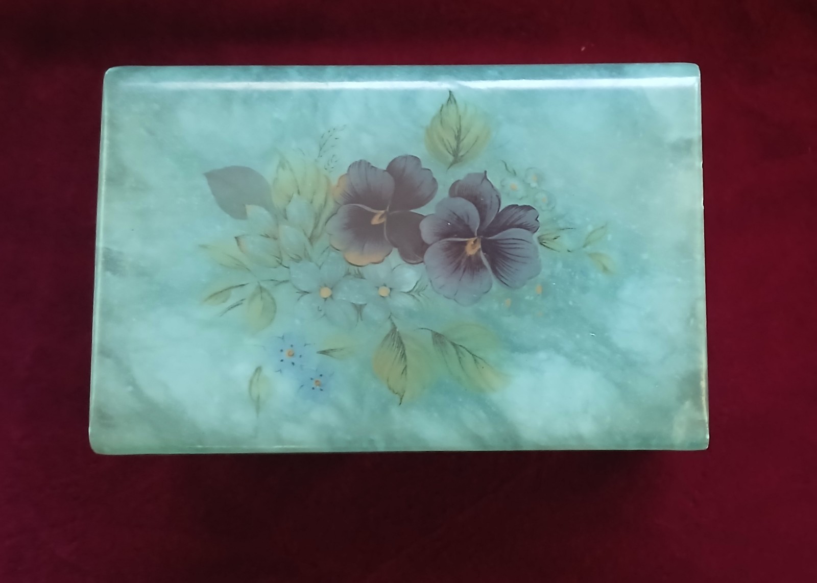 Vintage Green Alabaster Trinket Floral Jewelry Box