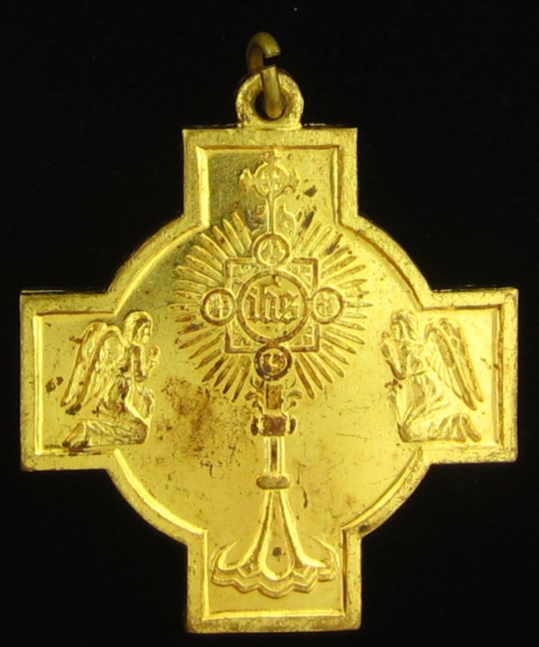 Vintage Eucharist Medal Eucharistic Adoration Catholic Cross IHS Angels Large Vintage Eucharist Medal Eucharistic Adoration Catholic Cross IHS Angels Large
