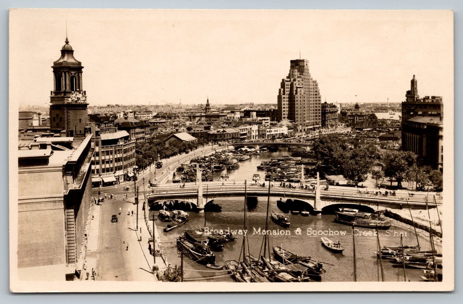 Real Photo Postcard Broadway Mansion & Soochow Creek Shanghai RPPC Fishing