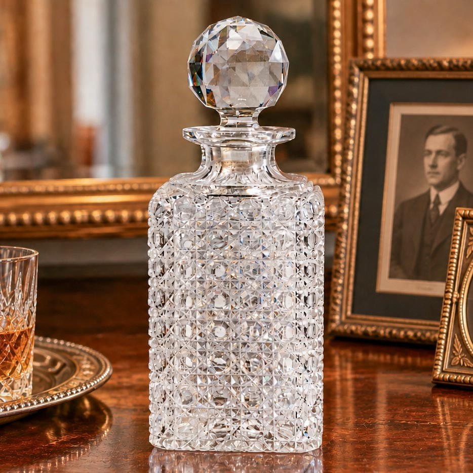 Dazzling Large Heavy Antique Cut Crystal Decanter Faceted Sphere Stopper Barware Dazzling Large Heavy Antique Cut Crystal Decanter Faceted Sphere Stopper Barware