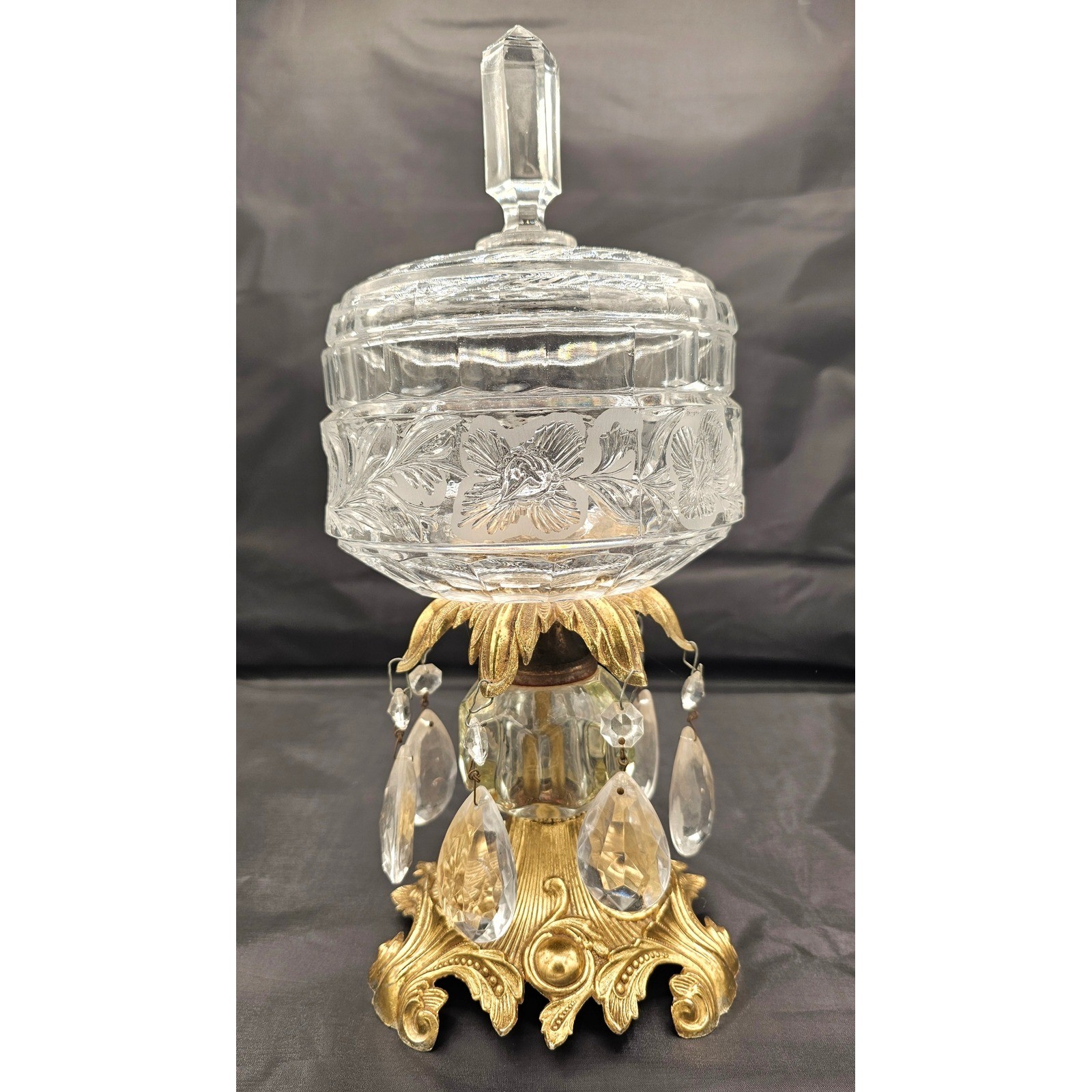 Vintage Etched Crystal Candy Dish Ornate Brass Base Hanging Prisms Victorian Vintage Etched Crystal Candy Dish Ornate Brass Base Hanging Prisms Victorian