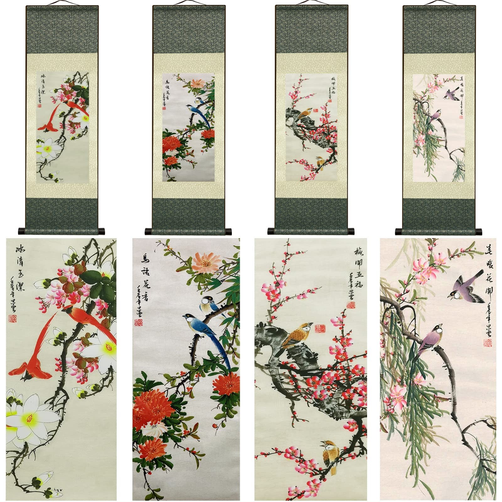 AtfArt Wall Art 4 Pack Silk Scroll Painting Birds & Flowers 36.2 x 12 in AtfArt Wall Art 4 Pack Silk Scroll Painting Birds & Flowers 36.2 x 12 in
