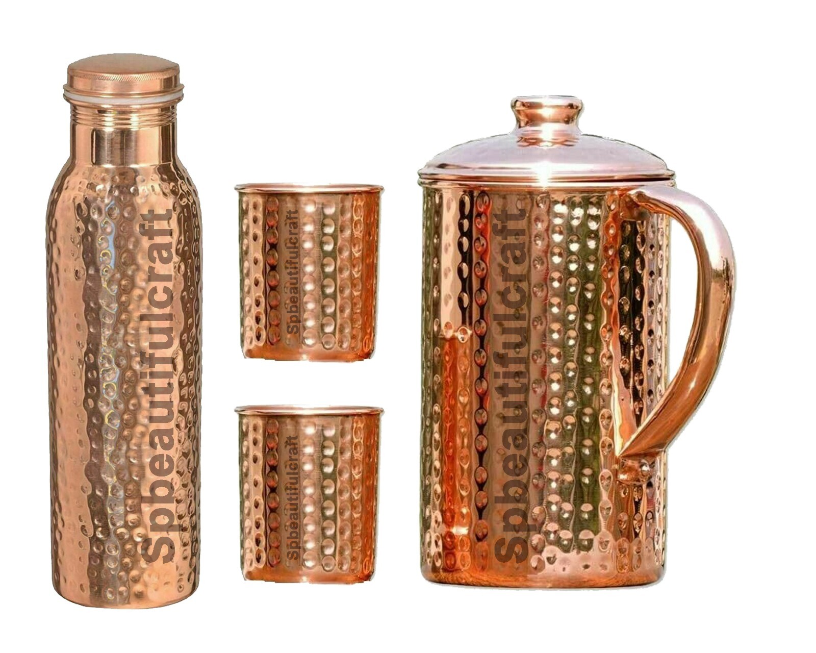 100% Pure Copper Water Pitcher Jug 1500ML Hammered Bottle Tumbler Glass Set Of 4