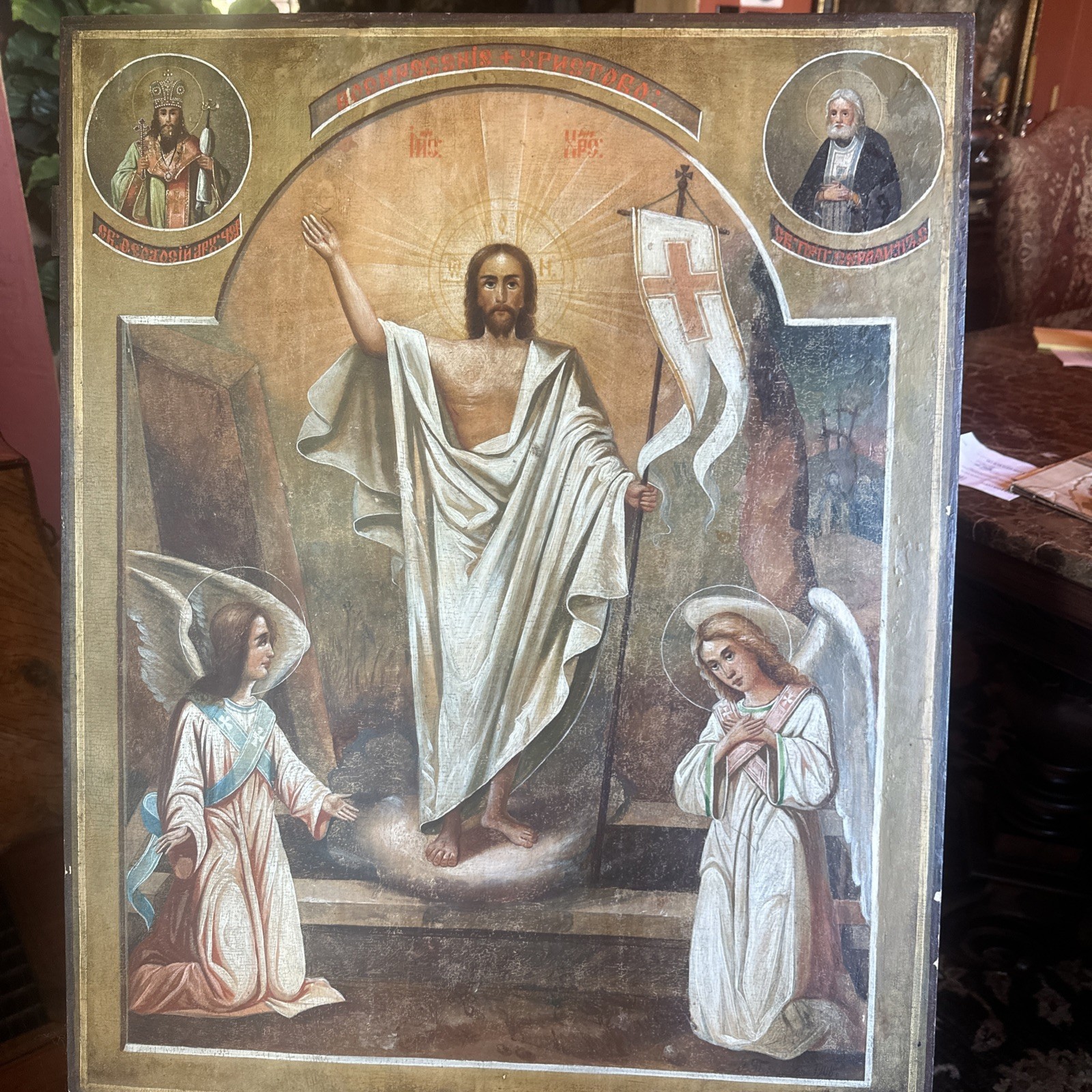 Huge Wooden Icon of Jesus Christ With Angles Huge Wooden Icon of Jesus Christ With Angles