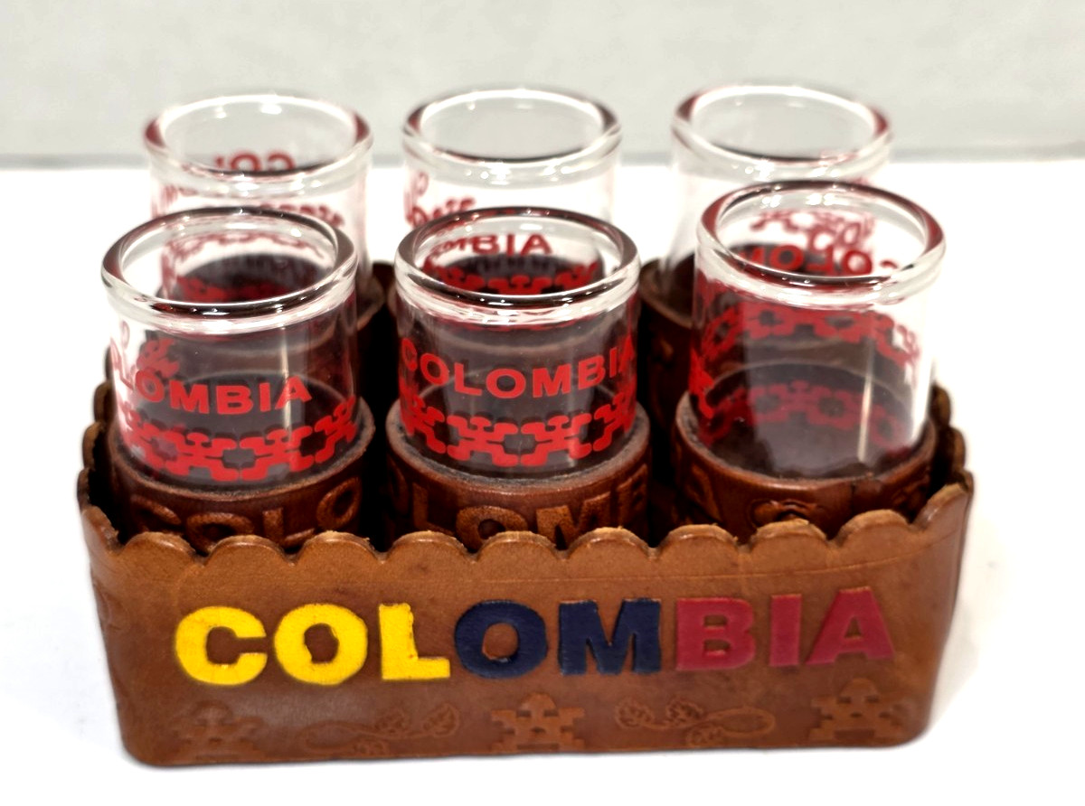 Vintage Colombia Souvenir Shot Glass Leather Grips and Holder Set of 6