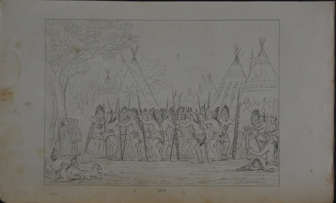 Antique 1840\'s Native American Engraving Art Dance of the Chiefs Sioux G.Catlin