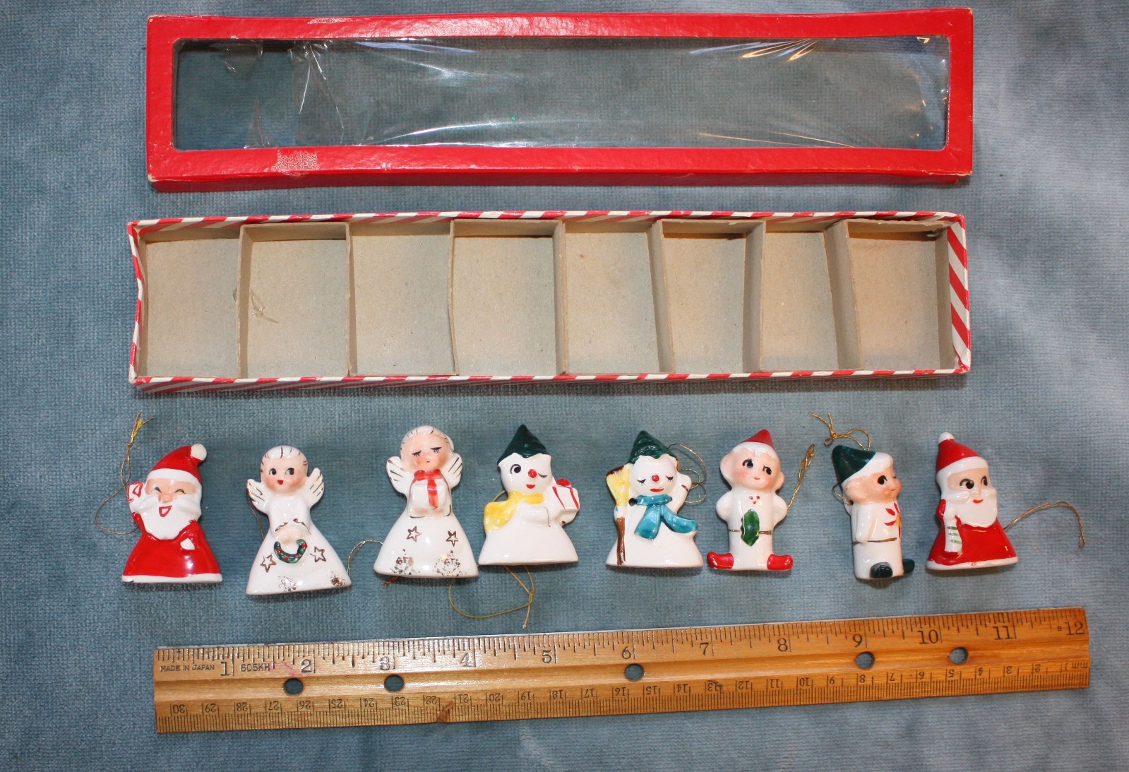 *HOLT HOWARD*8 Vtg HH ceramic Christmas ornaments w/box *Santa/angel/elf/snowman