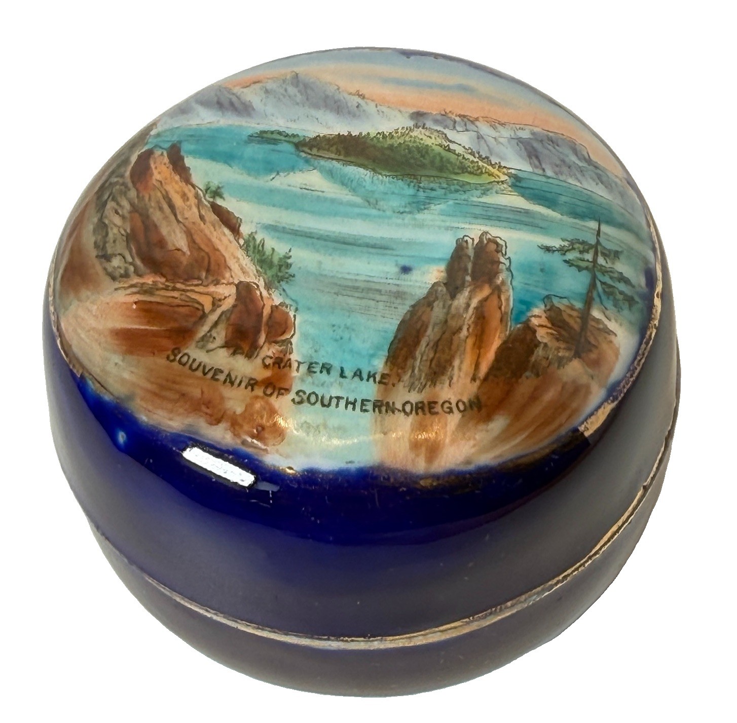 SOUTHERN OREGON ORE Antique CRATER LAKE Souvenir COBALT CHINA TRINKET BOX SOUTHERN OREGON ORE Antique CRATER LAKE Souvenir COBALT CHINA TRINKET BOX