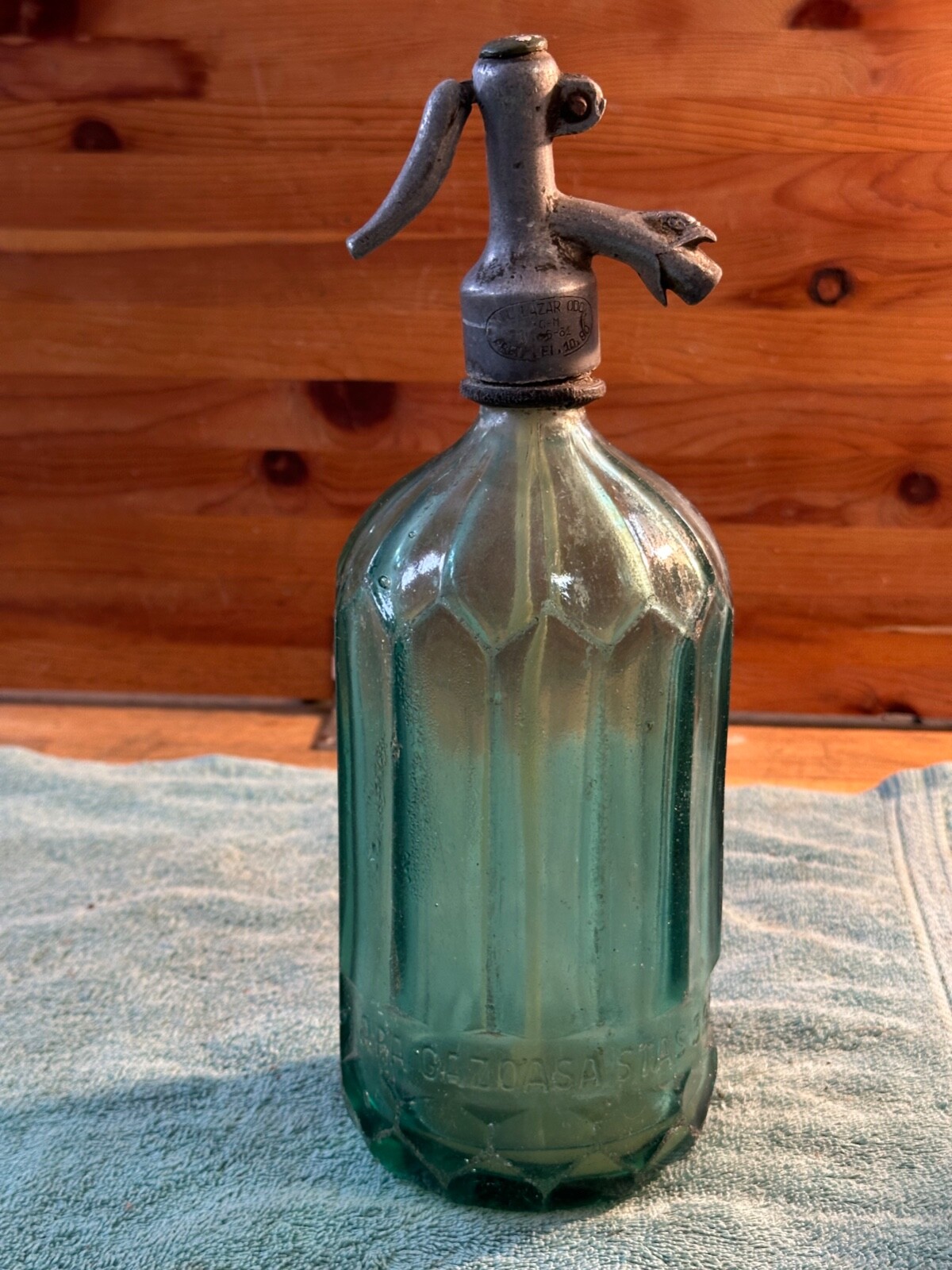 RARE Romania Seltzer Bottle APA STAS 392-52 Teal Faceted Glass Turkey Spout VTG