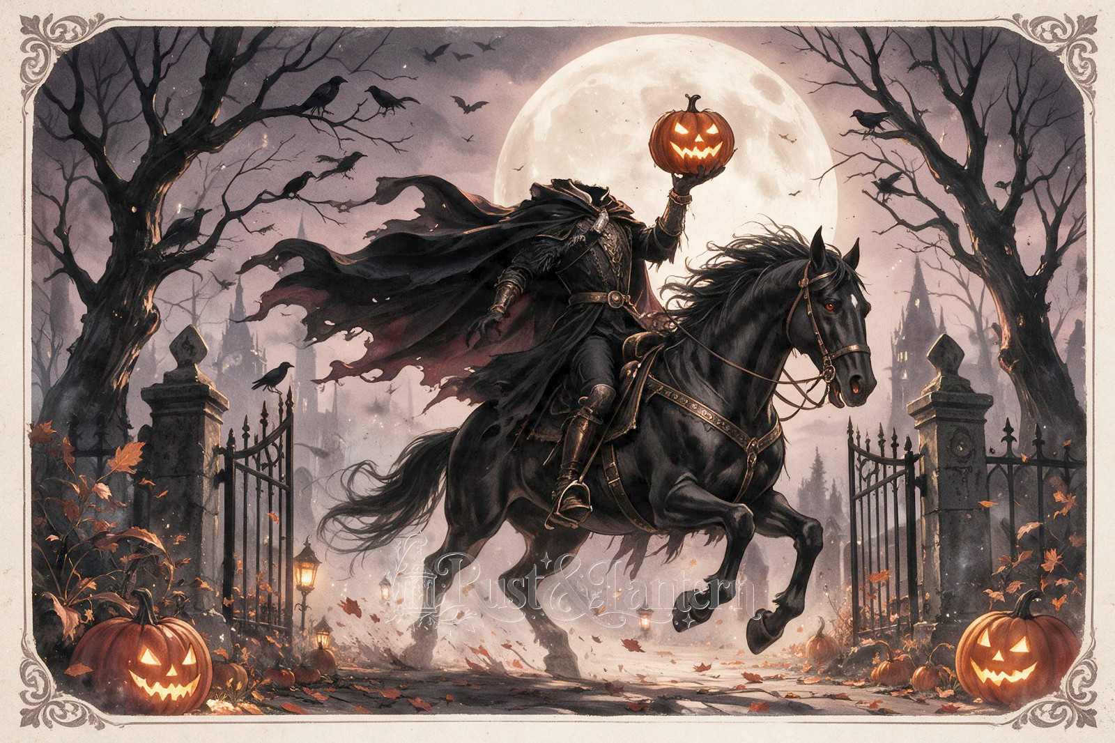 Headless Horseman -Halloween Postcard 4x6 Gothic Art card Rust&Lantern Original