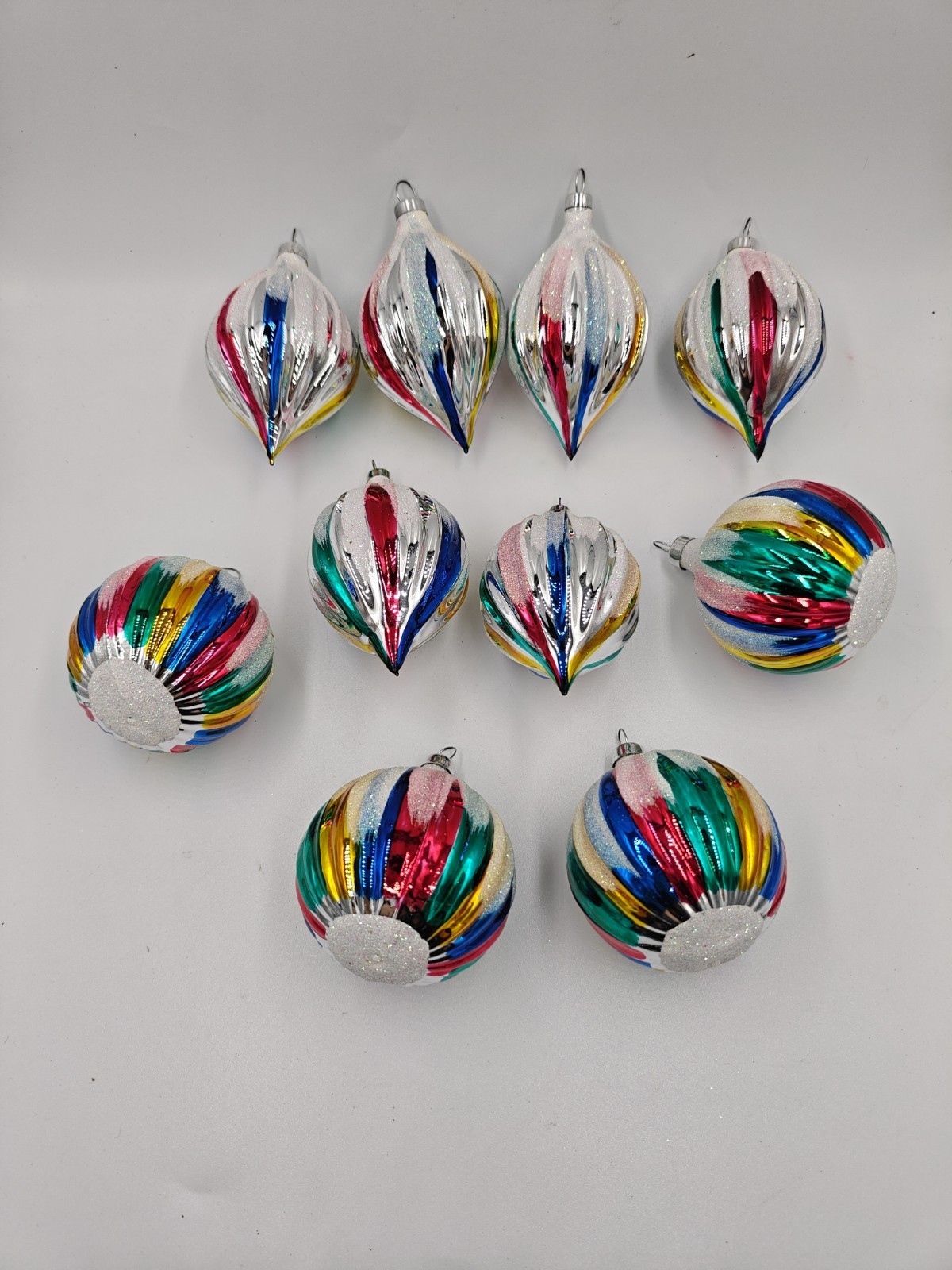 Vintage 10pc Set Glass Rainbow Stripe Ornament Mica Glitter 6 Tear 4 Round 