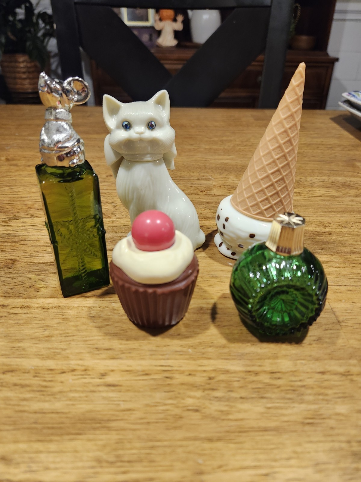 Vtg Avon Bottle Lot of 5 Cat Ice Cream Cupcake Green Mouse Cologne 1 Full