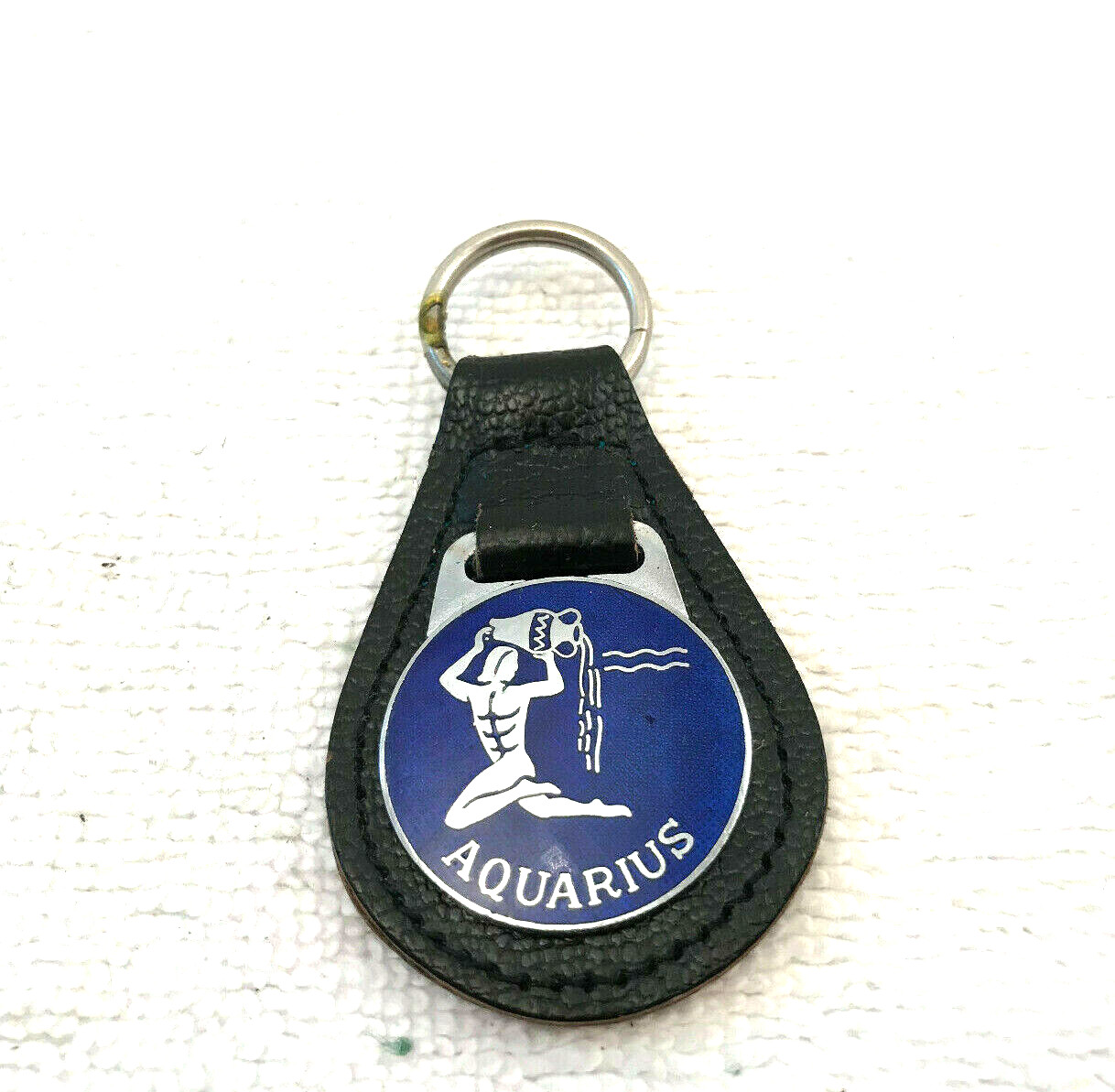 VTG J.R. Gaunt London Aquarius Blue Enamel Inlay Key Chain Black Leather Signed
