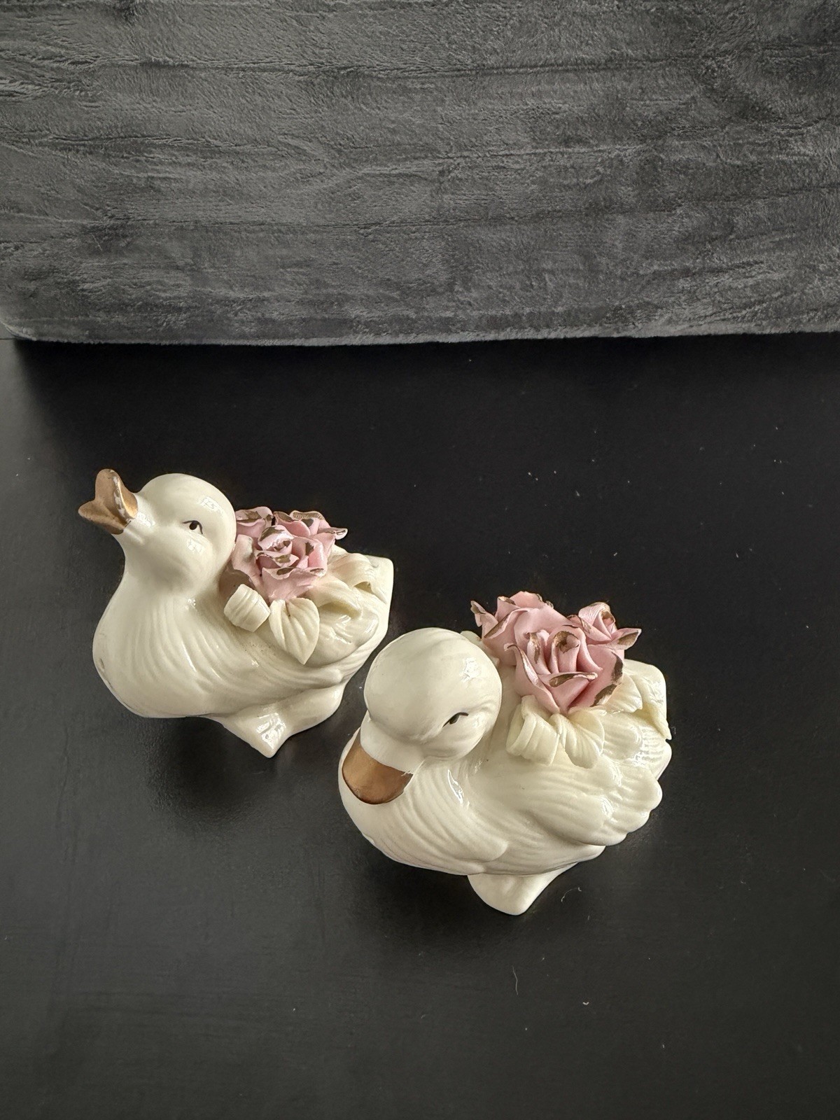 White Gold Rose Back Duck Salt and Pepper Shakers Porcelain              50