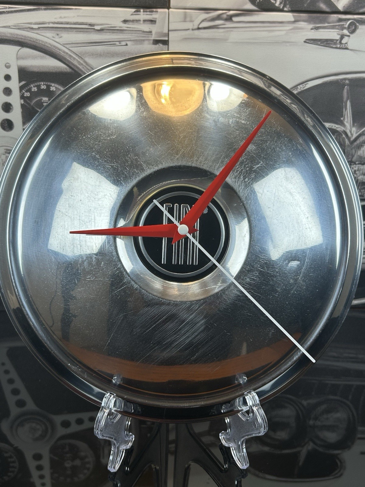 Vintage 1960s Fiat Chrome Hubcap Wall Clock Custom Italian Garage Art Man Cave