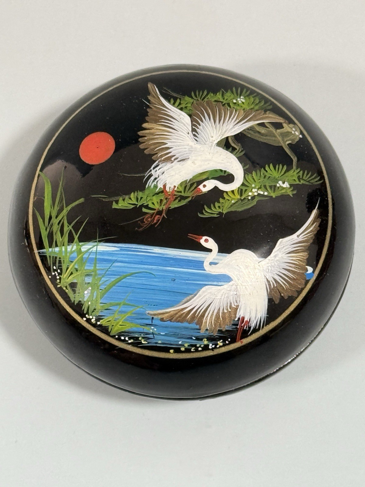 Japanese Hand Painted Black Lacquer Trinket Box Cranes Red Sun 3”