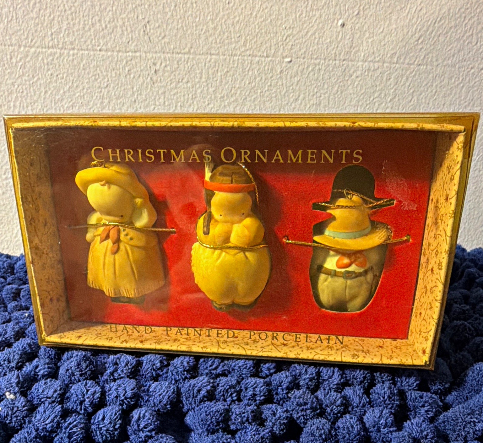 Vtg MICHEL & COMPANY 3 Wee Cowboys Porcelain Christmas Ornaments w/ Box - RARE Vtg MICHEL & COMPANY 3 Wee Cowboys Porcelain Christmas Ornaments w/ Box - RARE
