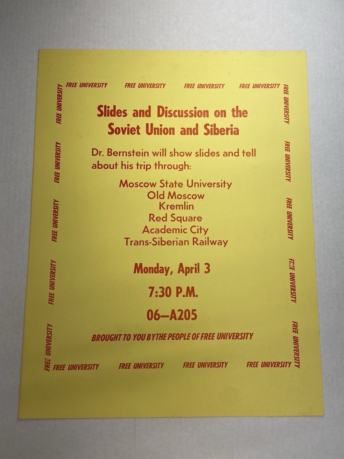 Vintage 1973 RIT Free University Soviet Union Siberia Lecture Poster Rochester