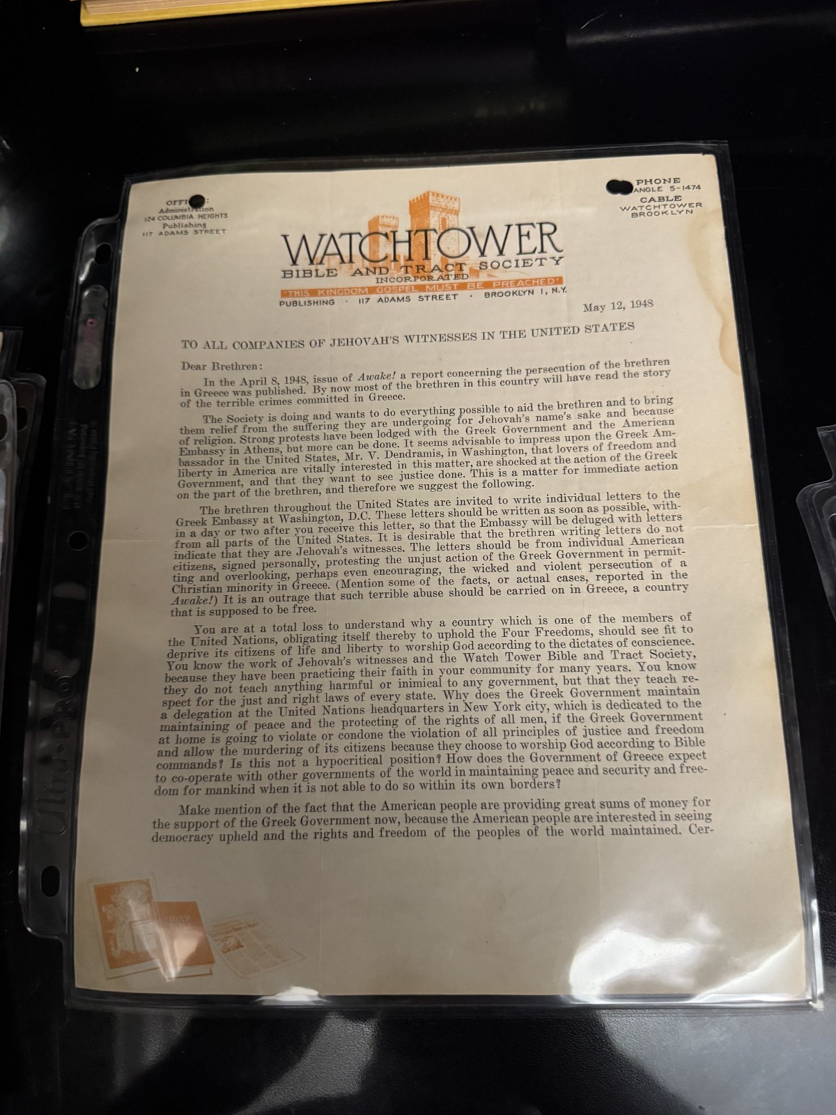 WATCHTOWER LETTER REQUESTING HELP FOR JEHOVAH\'S WITNESSES IN GREECE 1948 WATCHTOWER LETTER REQUESTING HELP FOR JEHOVAH\'S WITNESSES IN GREECE 1948