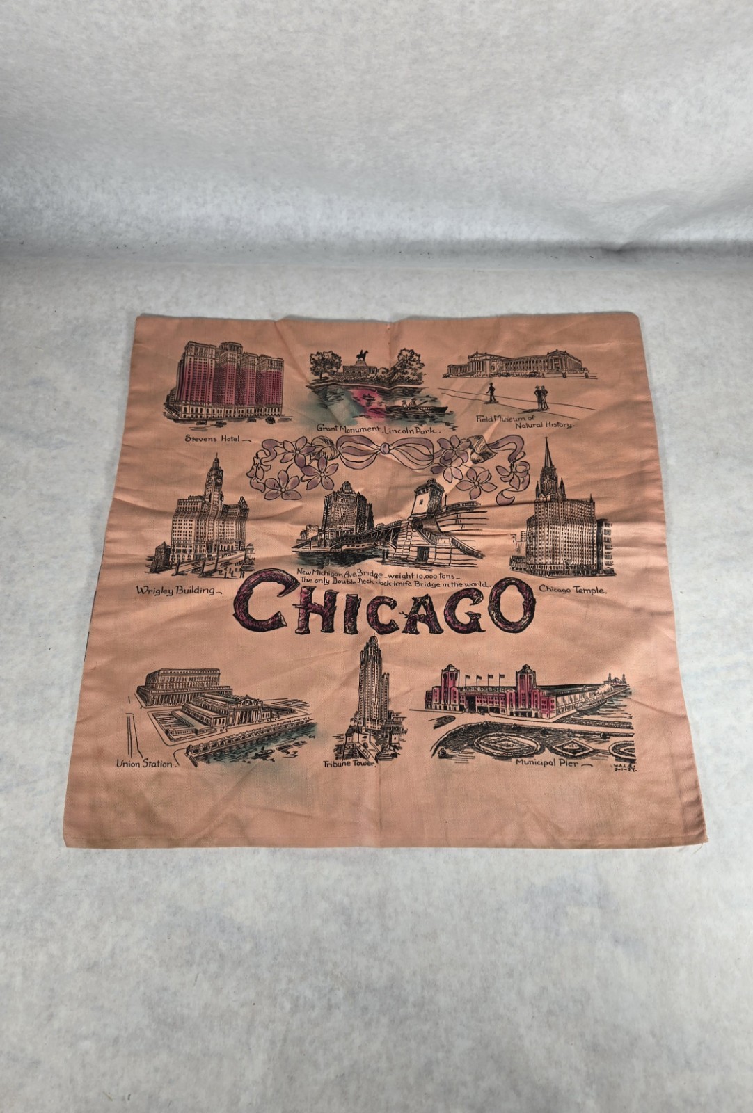 Antique 1924 Chicago Souvenir Pillow Sham Historic Sites Attractions Peach 16.5 Antique 1924 Chicago Souvenir Pillow Sham Historic Sites Attractions Peach 16.5