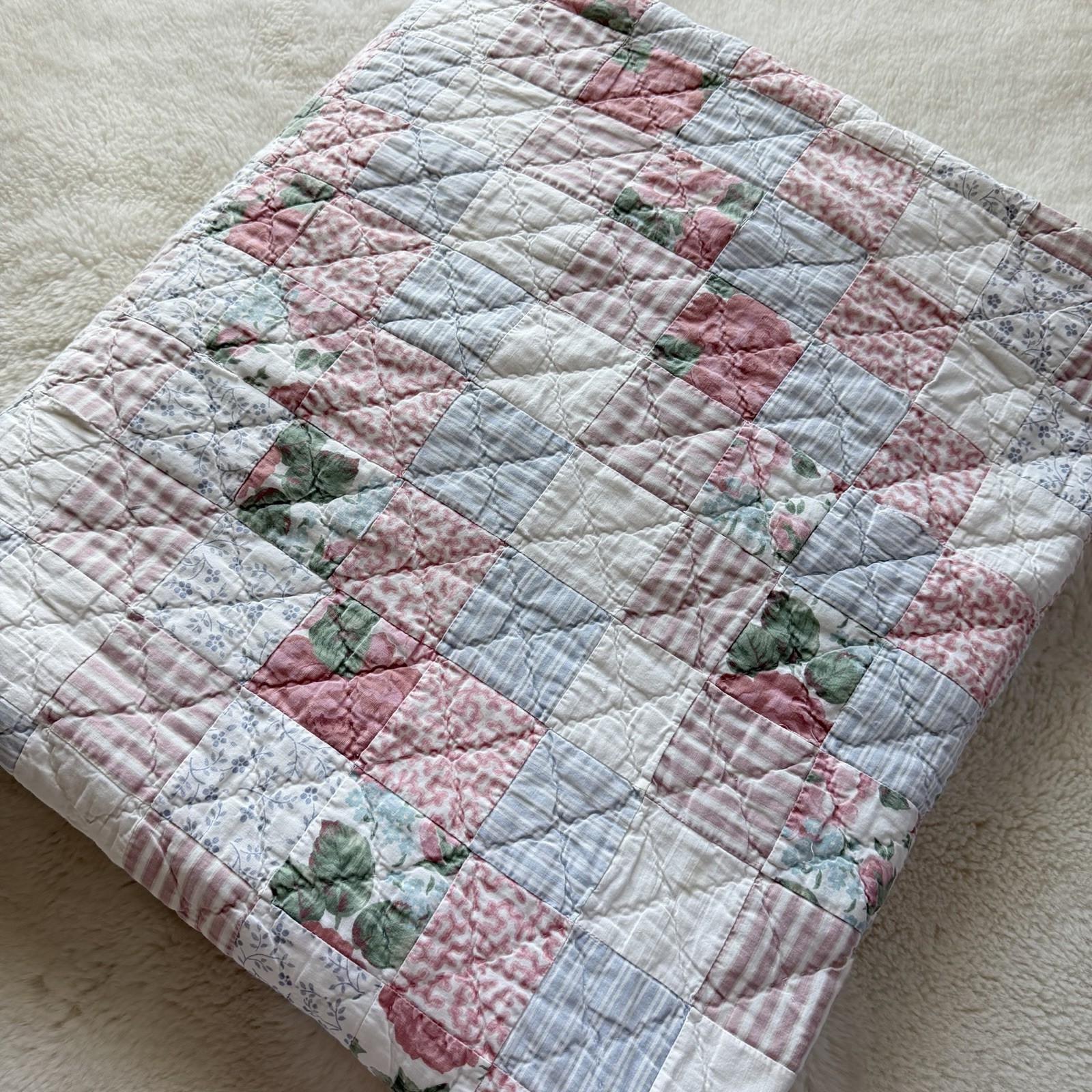Vintage Cotton Patchwork Quilt 95x80 Pink Blue Floral Cottagecore
