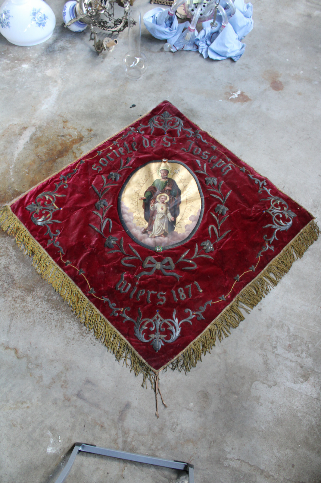 Antique 1871 French religious procession BAnner flag saint joseph Antique 1871 French religious procession BAnner flag saint joseph