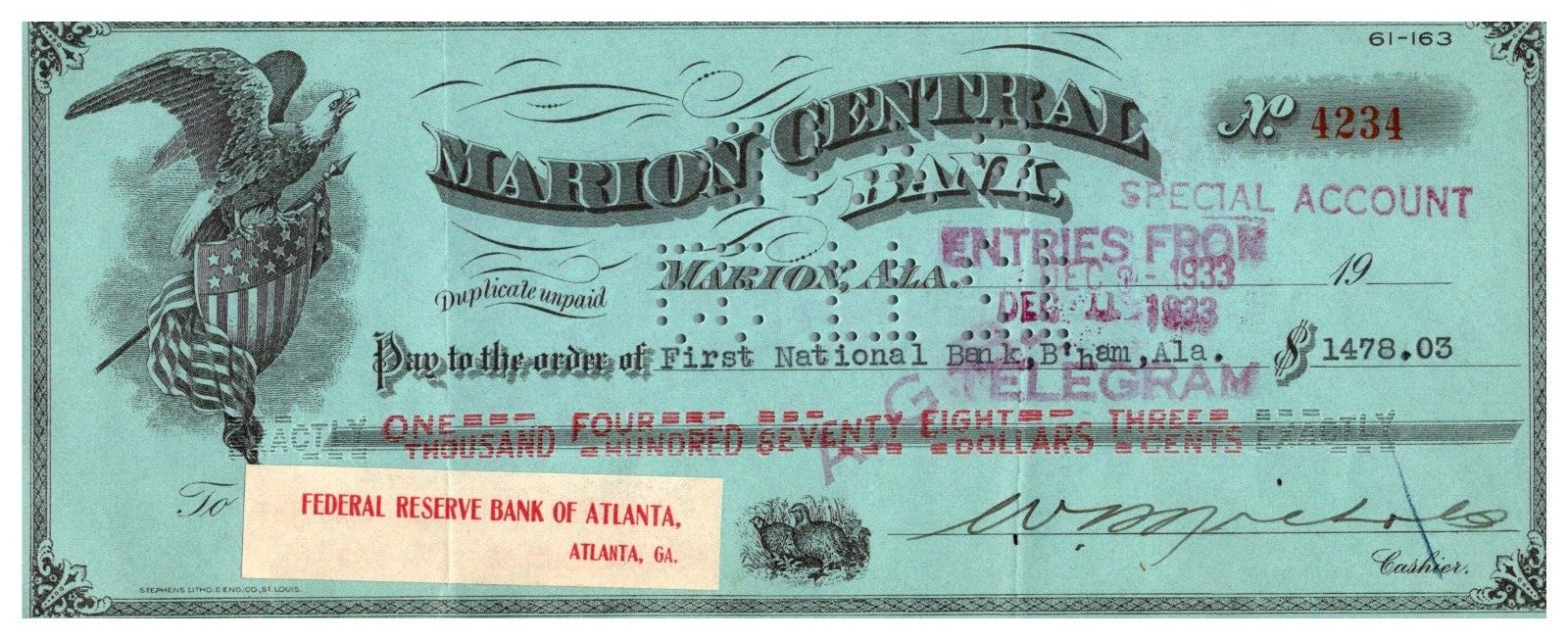 1933 Signed Check Marion Central Bank Alabama Federal Reserve Atlanta GA Label