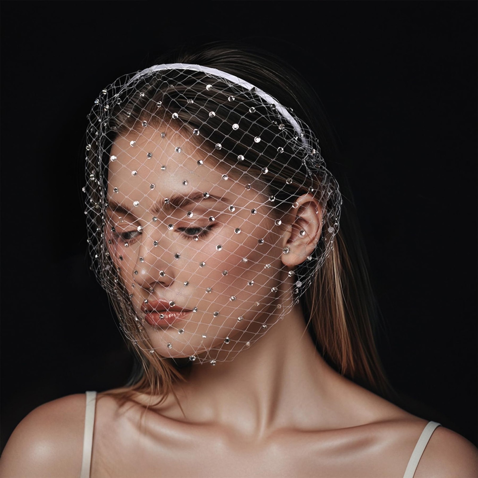 1920s White Veil Headband with Rhinestone, Birdcage Veil Flapper, Mesh Vintage L 1920s White Veil Headband with Rhinestone, Birdcage Veil Flapper, Mesh Vintage L